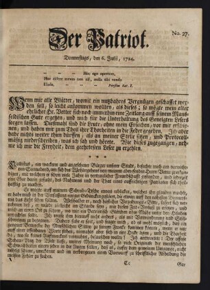 No. 27. Donnerstags, den 6. Julii, 1724