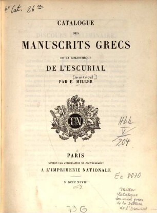 Catalogue des manuscrits grecs de la bibliothèque de l'Escurial