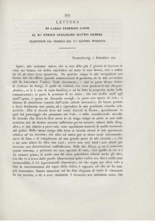Lettera di Carlo Federico Gauss al Dr. Enrico Guglielmo Mattia Olbers.