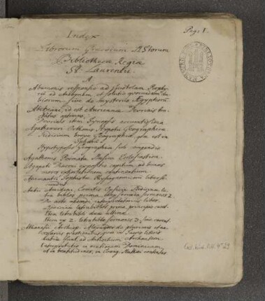 Index Librorum Graecorum Manuscriptorum Bibliothecae Regiae St. Laurentii