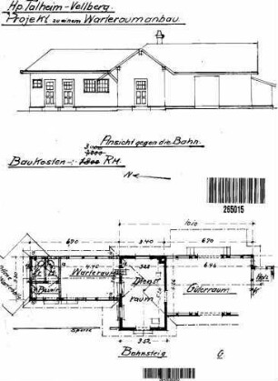 Talheim- Vellberg: Empfangsgeb. / Gütersch. Warteraumanbau Grundriß EG,Längsansicht