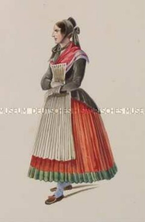 Frau in schwarzer Jacke über gefälteltem roten Rock und weißer Schürze - Tafel aus Franceschini/Kostümbilder (Kassette 1)