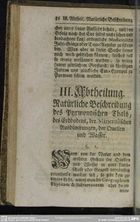 III. Abtheilung. Natürliche Beschreibung des Pyrmontischen Thals, des Erdbodens, der Mineralischen Ausdünstungen der Quellen und Wasser