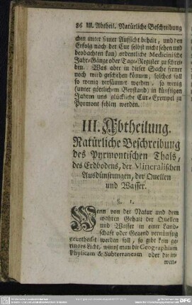 III. Abtheilung. Natürliche Beschreibung des Pyrmontischen Thals, des Erdbodens, der Mineralischen Ausdünstungen der Quellen und Wasser