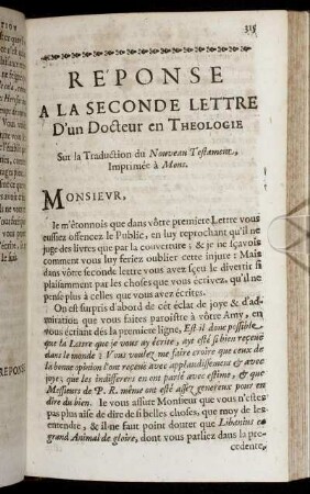 Re´ ponse A La Seconde Lettre D´un Docteur en Theologie