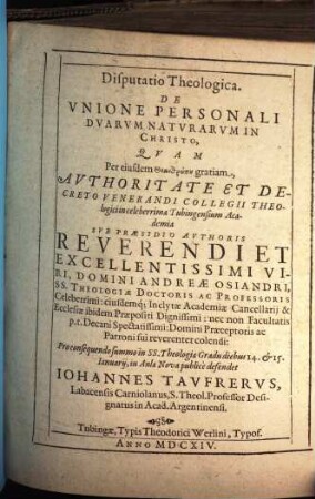 Disp. theol. de unione personali duarum naturarum in Christo