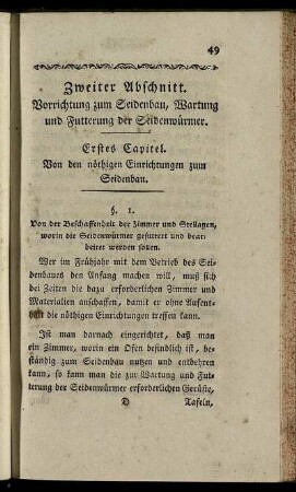 Zweiter Abschnitt. Vorrichtung zum Seidenbau, Wartung und Futterung der Seidenwürmer.