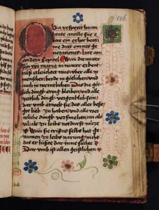 Goldinitiale auf farbigem Grund, im Fußsteg eine Vase mit Fleuronnéausläufer und Fadenranke mit Rosetten in Deckfarbe und Gold, im Seitensteg Fleuronné mit Rosetten in Deckfarbe und Gold
