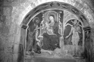 Thronende Madonna mit Kind, rechts Johannes der Täufer, links der eucharistische Christus