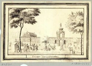 Der Zwinger in Dresden, Blick über den zugeschütteten Zwingergraben (Zwingeranlagen) auf den Mathematisch-Physikalischen Pavillon, Langgalerie und Kronentor