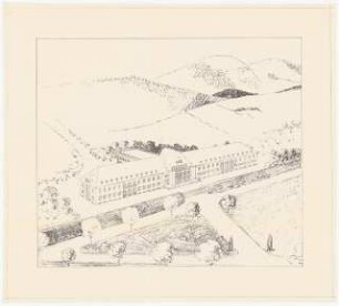 Jugenderholungsheim Schinkelwettbewerb 1943: Perspektivische Ansicht (Vogelschau). Vorentwurf