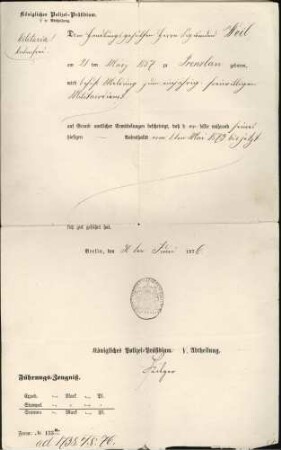 Führungszeugnis für Siegmund Weil 1876