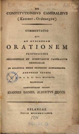 De constitutionibus cameralibus ... commentatio