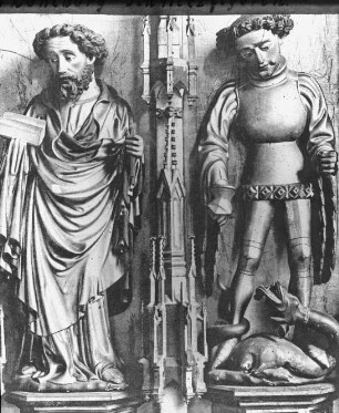 Hannover, Goldene Tafel, ehem. Hochaltar der St. Michaeliskirche Lüneburg, zwei Schnitzfiguren; Landesmuseum