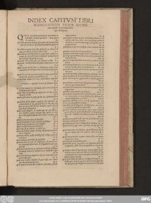 Index Capitum Libri Monologion. Prior Numerus caput, Secundus folium designat.