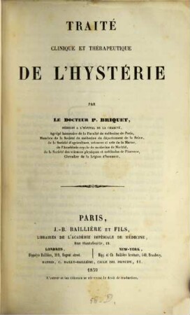Traité clinique et thérapeutique de l'hystérie