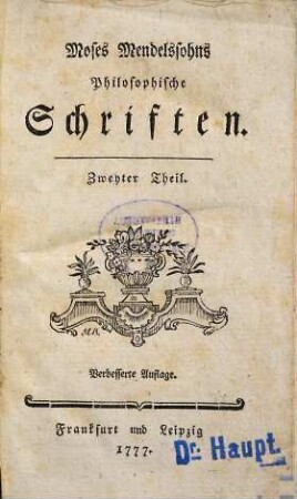 Moses Mendelssohns Philosophische Schriften, 2