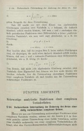 Fünfter bis Sechster Abschnitt. Mehrdeutige analytische Funktionen einer complexen Veränderlichen. Allgemeine Funktionentheorie.