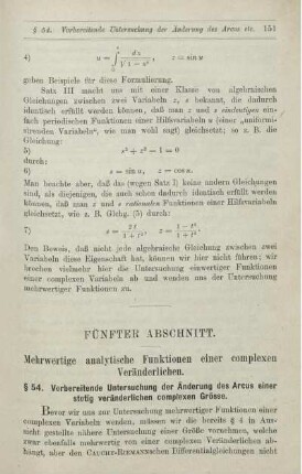 Fünfter bis Sechster Abschnitt. Mehrdeutige analytische Funktionen einer complexen Veränderlichen. Allgemeine Funktionentheorie.