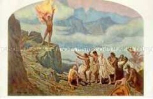 Postkarte mit Gemäldereproduktion "Prometheus bringt den Menschen das Feuer"