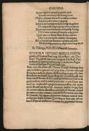 Epistola Henrici Bebelii Iustingensis ad Humanissimum atque disertissimum virum Thomam Wolphium ...
