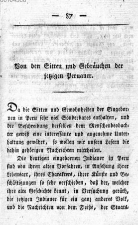 Von den Sitten und Gebraeuchen der jetzigen Peruaner