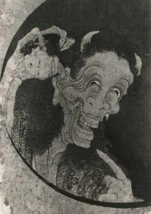 Die Menschenfresserin mit Hörnern und Hauern am Mund, in der Rechten den abgebissenen Kopf eines Kindes (Hundert Erzählungen)