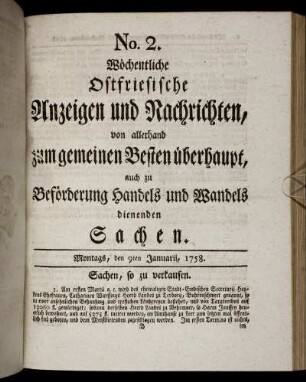 No. 2. Montags, den 9ten Januarii, 1758.