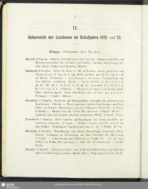 II. Uebersicht der Lectionen im Schuljahre 1872 auf 73