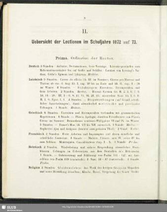 II. Uebersicht der Lectionen im Schuljahre 1872 auf 73
