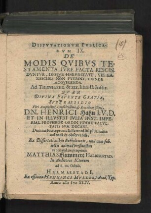 Disputationum Publicarum IX. De Modis Quibus Testamenta Iure Facta Rescinduntur, Deque Hereditate, Ubi Ea Rescissa Non Fuerunt, Exinde Acquirenda...