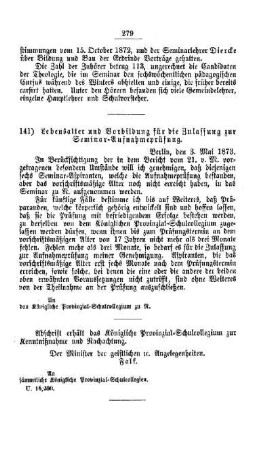 Lebensalter und Vorbildung für die Zulassung zur Seminar-Aufnahmeprüfung : [III. Seminarien, Bildung der Lehrer und deren persönliche Verhältnisse]