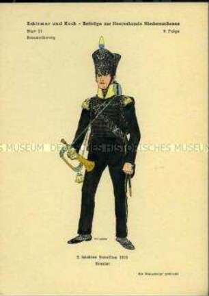Uniformdarstellung, Hornist des 2. Leichten Bataillons, Herzogtum Braunschweig, 1815.