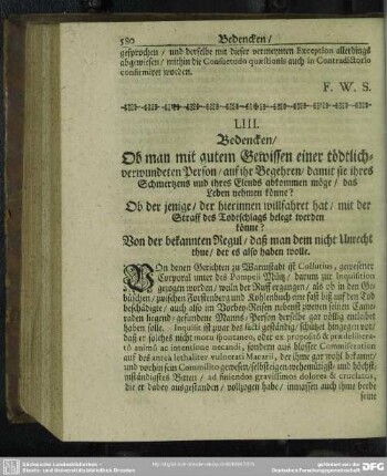 LIII. [Bedencken, Ob man einer tödtlich-verwundeten Person [et]c.]