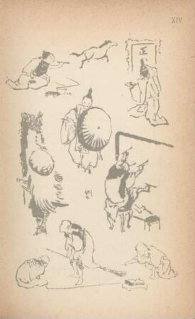 XIV. [Caricature of artist at work. Hoffksai. See page 111]