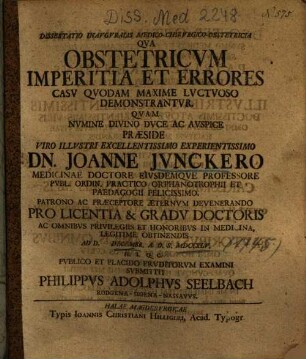 Dissertatio Inavgvralis Medico-Chirvrgico-Obstetricia Qva Obstetricvm Imperitia Et Errores Casv Qvodam Maxime Lvctvoso Demonstrantvr