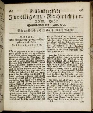 XXXI. Stück. Sonnabends: den 4. Aug. 1792.