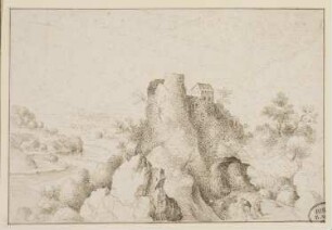 Berglandschaft mit Burgruine und Felsentor