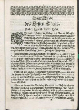Kurtze Vorrede des Ersten Theils/ An den Kunstliebenden Leser.