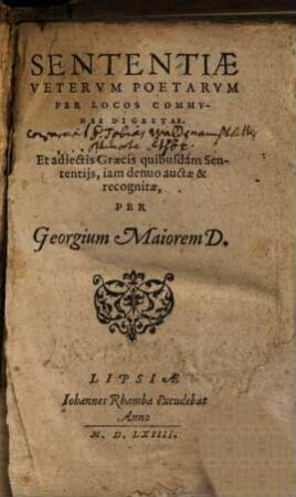 Sententiae Veterum Poetarum Per Locos Communes Digestae