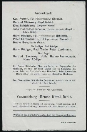 Programmheft zu "Christus. Ein Mysterium in einem Vorspiel und drei Oratorien" von Felix Draeseke. Erste Gesamtaufführung in Dresden unter Leitung von Bruno Kittel, Dreikönigskirche 5., 12. und 16. Mai. Druck; 22,5 x 14,5 cm. Innenseite rechts. Dresden: Mscr.Dresd.App.1193.D,1
