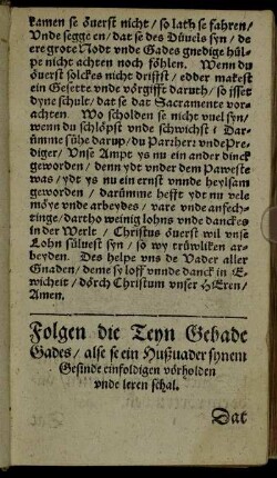 Folgen die Teyn Gebade Gades/ alse se ein Hußvader synem Gesinde einfoldigen vörholden unde leren schal.