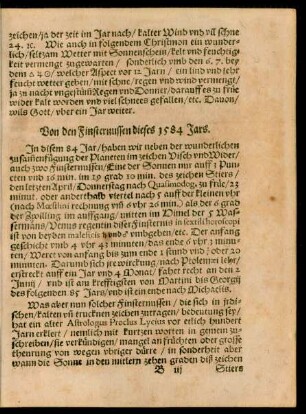 Von den Finsternussen dieses 1584 Jars.