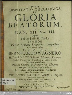 Disputatio Theologica De Gloria Beatorum Ex Dan. XII. Vers. III.