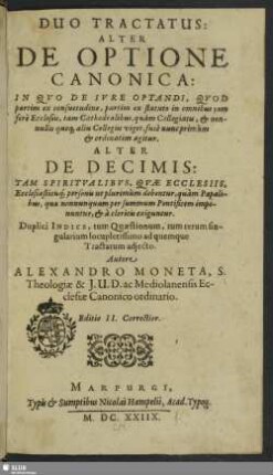 Duo tractatus : alter de optione canonica, alter de decimis