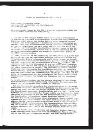 Alleinstehende Frauen in der DDR : eine soziologische Studie mit einleitender historischer Betrachtung ; Thesen zur Dissertationsschrift A