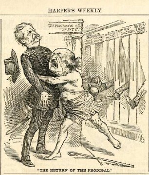 The return of the prodigal : Benjamin Butler flüchtet sich weinend in die Arme von General Hancock, da Politiker anderer Parteien nach ihm treten
