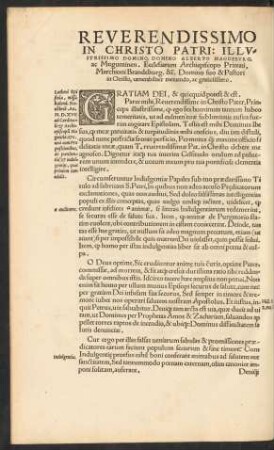Reverendissiomo In Christo Patri: Illustrissimo Domino, Domino Alberto Magdeburg. ...