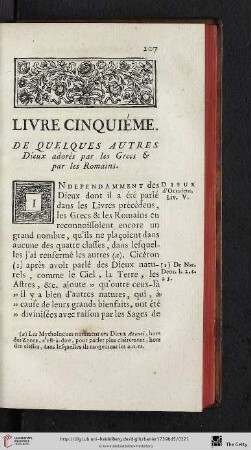 Livre cinquième. De quelques autres Dieux adorés par les Grecs et par les Romains