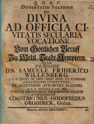 Diss. sol. de divina ad officia civitatis secularia vocatione